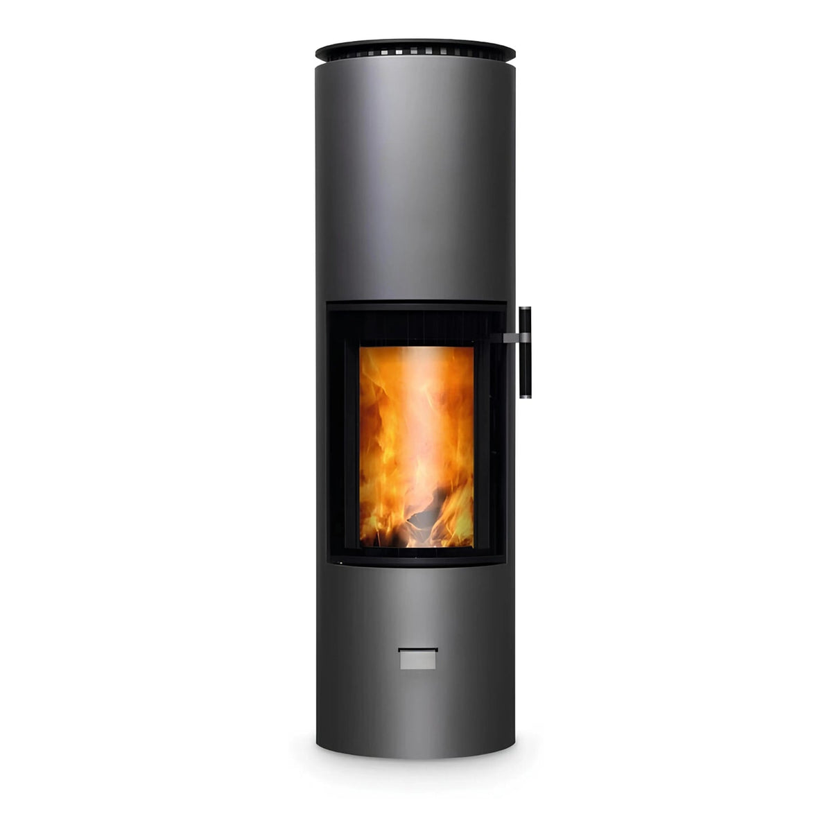 Kaminofen CERA DESIGN Solitherm | 6 kW – Runder grauer Kaminofen mit Feuer und seitlichem Griff