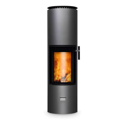 Kaminofen CERA DESIGN Solitherm | 6 kW – Runder grauer Kaminofen mit Feuer und seitlichem Griff