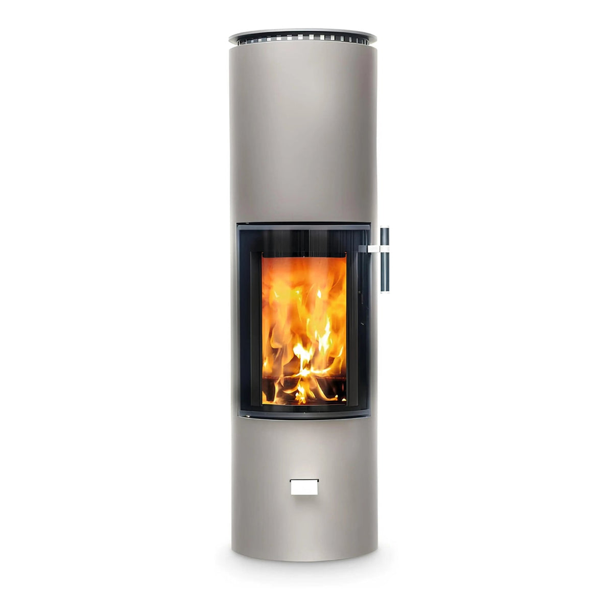 Kaminofen CERA DESIGN Solitherm | 6 kW – Runder hellgrauer Kaminofen mit Feuer und seitlichem Griff
