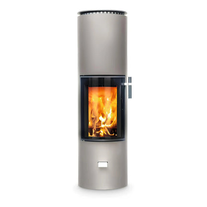 Kaminofen CERA DESIGN Solitherm | 6 kW – Runder hellgrauer Kaminofen mit Feuer und seitlichem Griff
