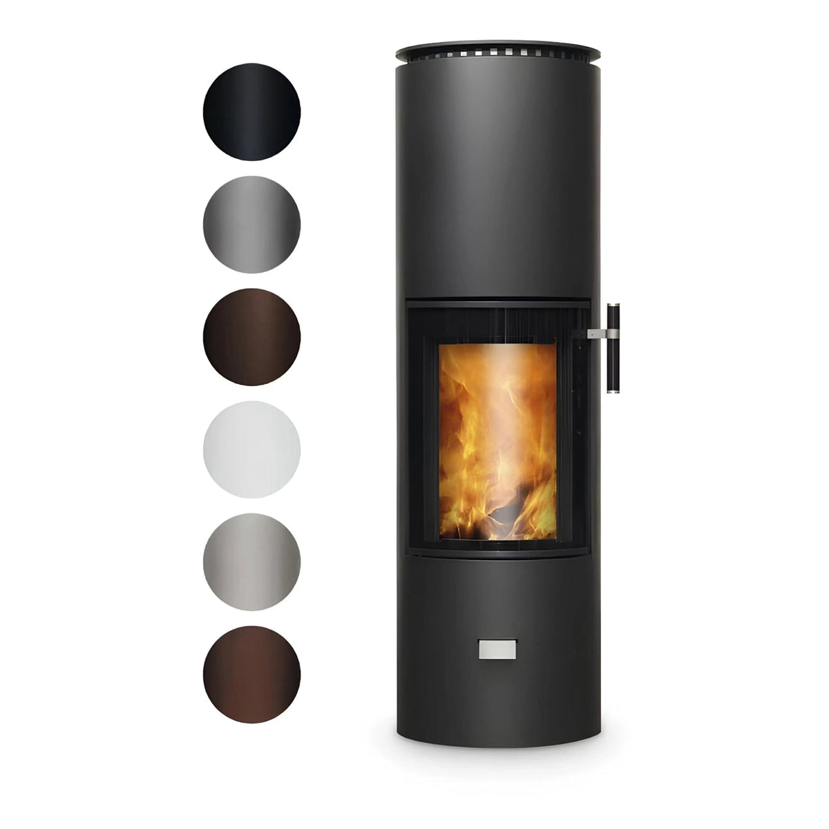 Kaminofen CERA DESIGN Solitherm | 6 kW – Runder Kaminofen neben einer vollständigen Übersicht der Farboberflächen