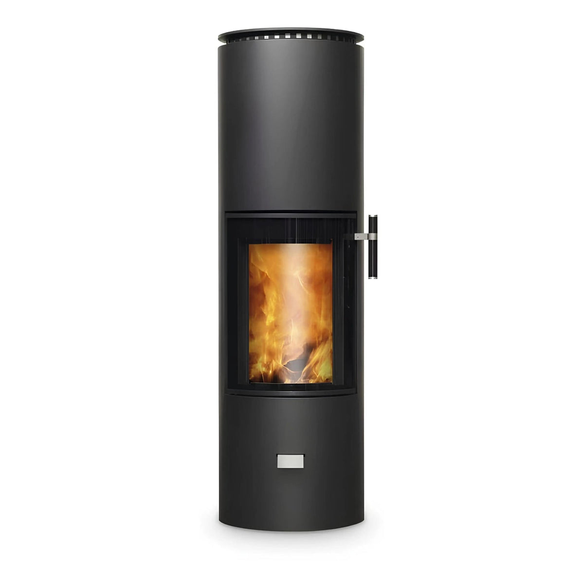Kaminofen CERA DESIGN Solitherm | 6 kW – Runder schwarzer Kaminofen mit Feuer und seitlichem Griff