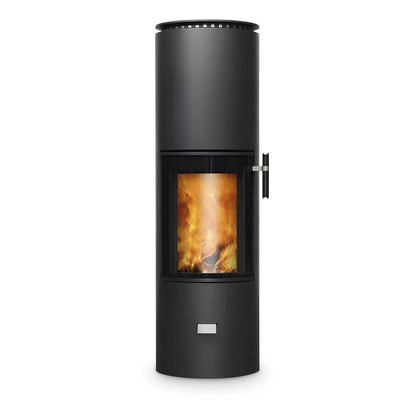 Kaminofen CERA DESIGN Solitherm | 6 kW – Runder schwarzer Kaminofen mit Feuer und seitlichem Griff