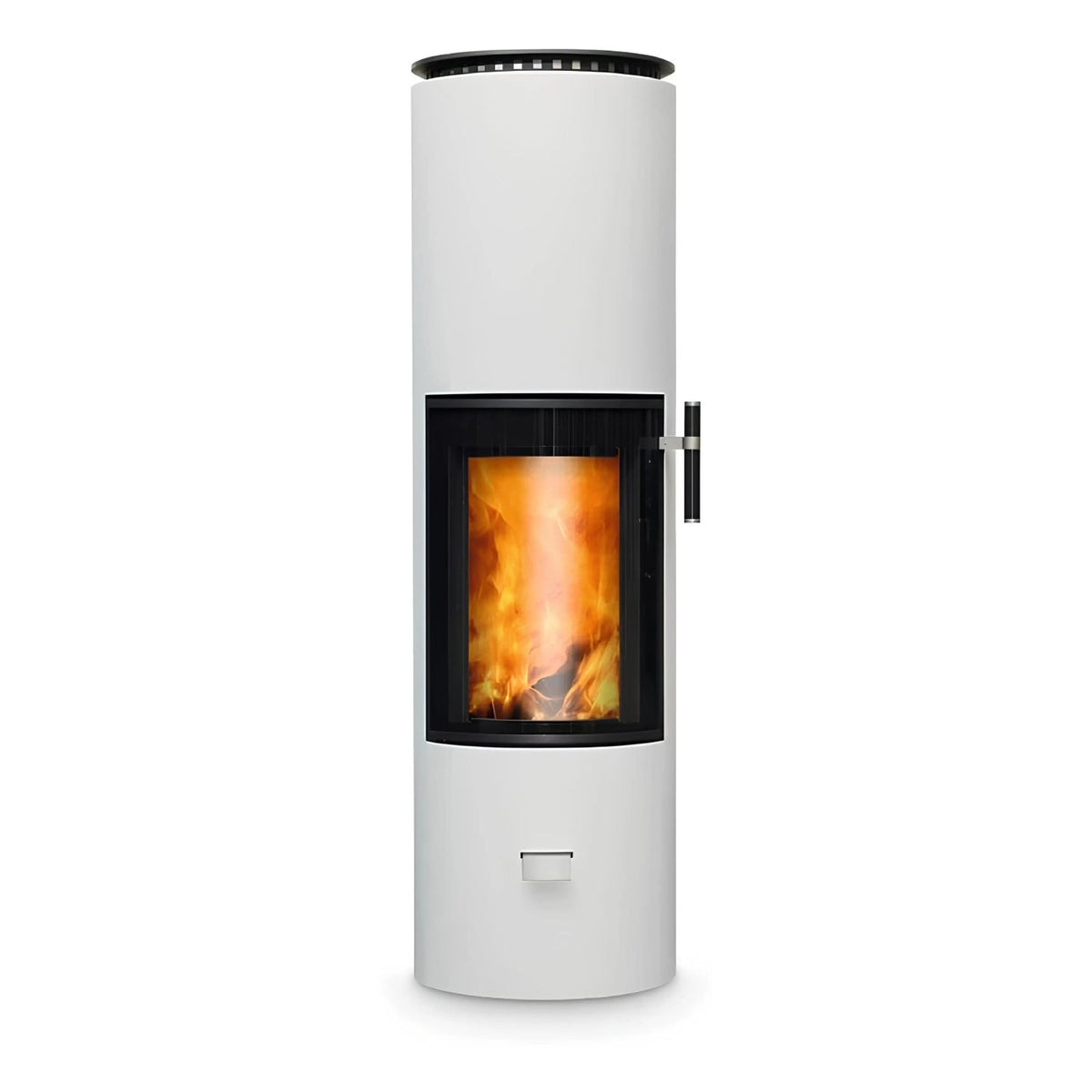 Kaminofen CERA DESIGN Solitherm | 6 kW – Runder weißer Kaminofen mit Feuer und seitlichem Griff