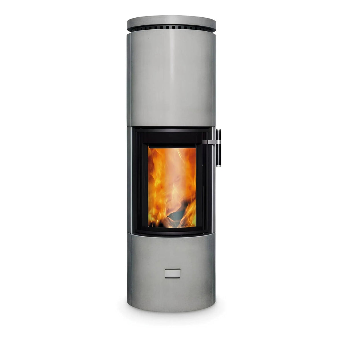 Kaminofen CERA DESIGN Solitherm Beton | 6 kW – Runder grauer Kaminofen mit Betonverkleidung und Feuer