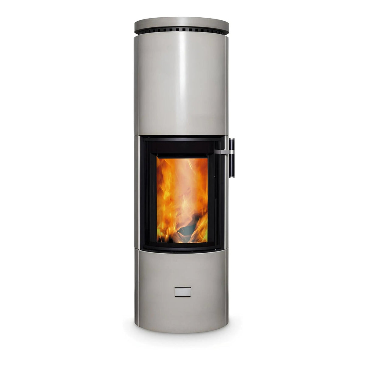 Kaminofen CERA DESIGN Solitherm Beton | 6 kW – Runder hellgrauer Kaminofen mit Betonverkleidung und Feuer
