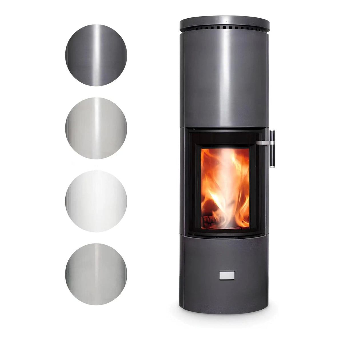 Kaminofen CERA DESIGN Solitherm Beton | 6 kW – Runder Kaminofen neben einer vollständigen Übersicht der Farboberflächen