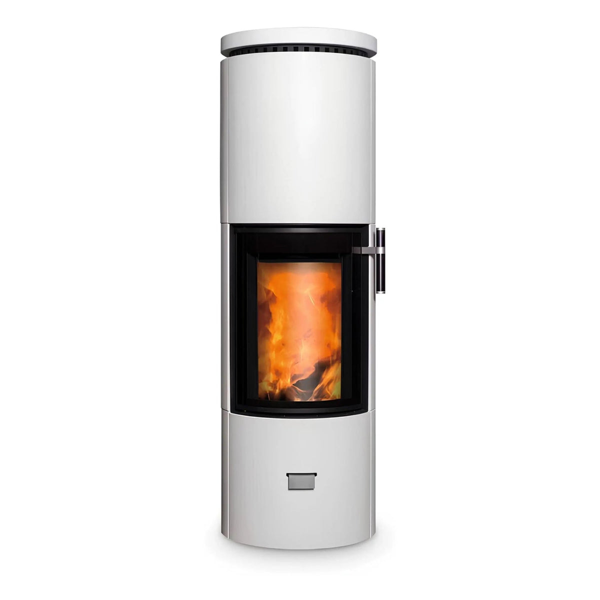 Kaminofen CERA DESIGN Solitherm Beton | 6 kW – Runder weißer Kaminofen mit Betonverkleidung und Feuer