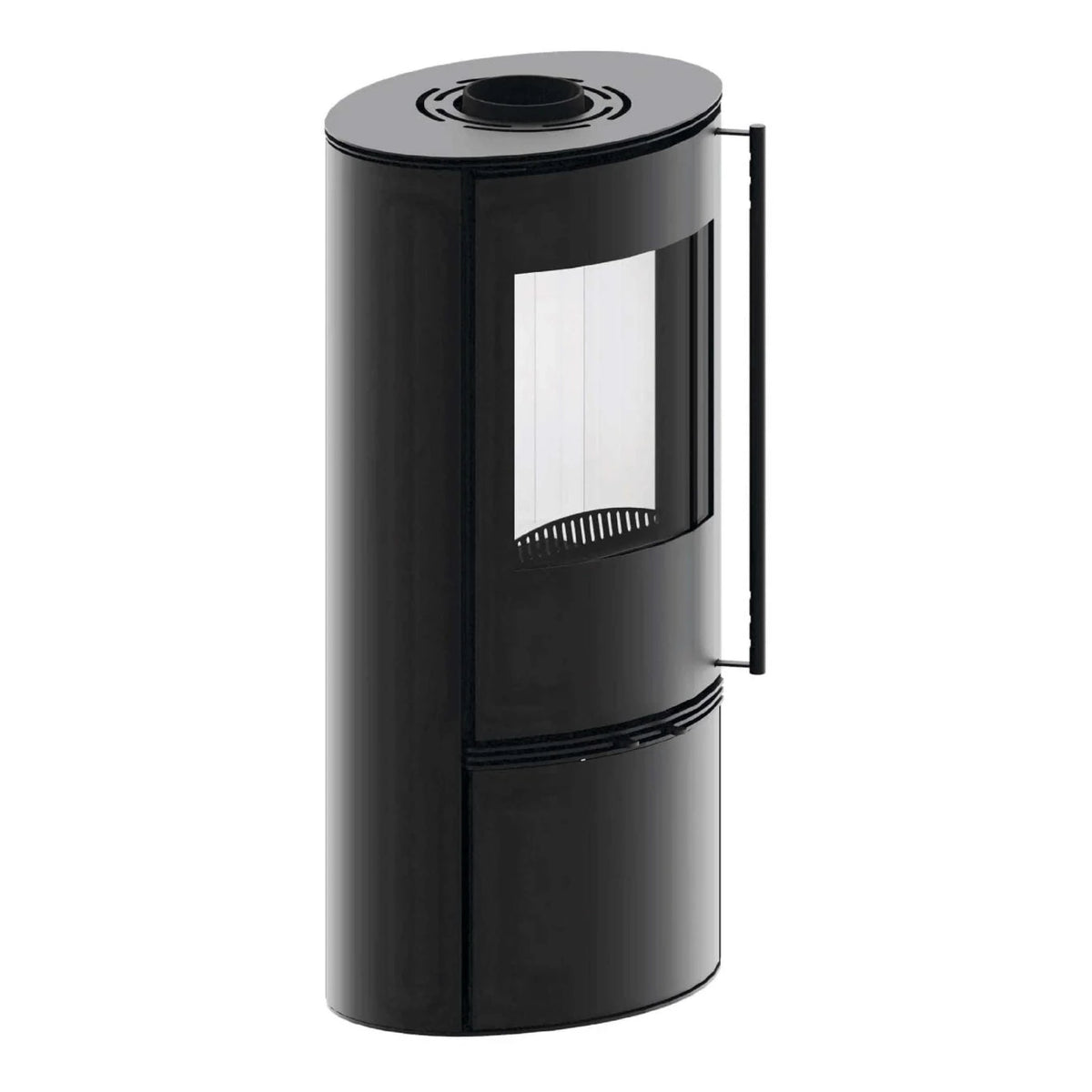 Kaminofen Hitze Bane 5 kW – Kaminofen in schräger Vorderansicht auf Weiß