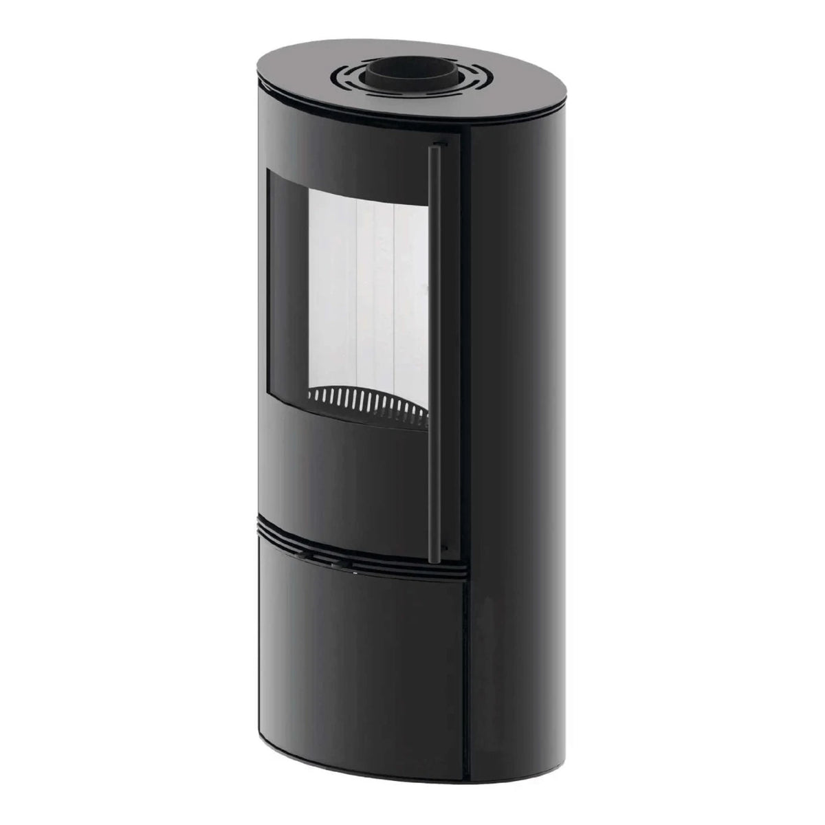 Kaminofen Hitze Bane 5 kW – Kaminofen in schräger Vorderansicht auf Weiß