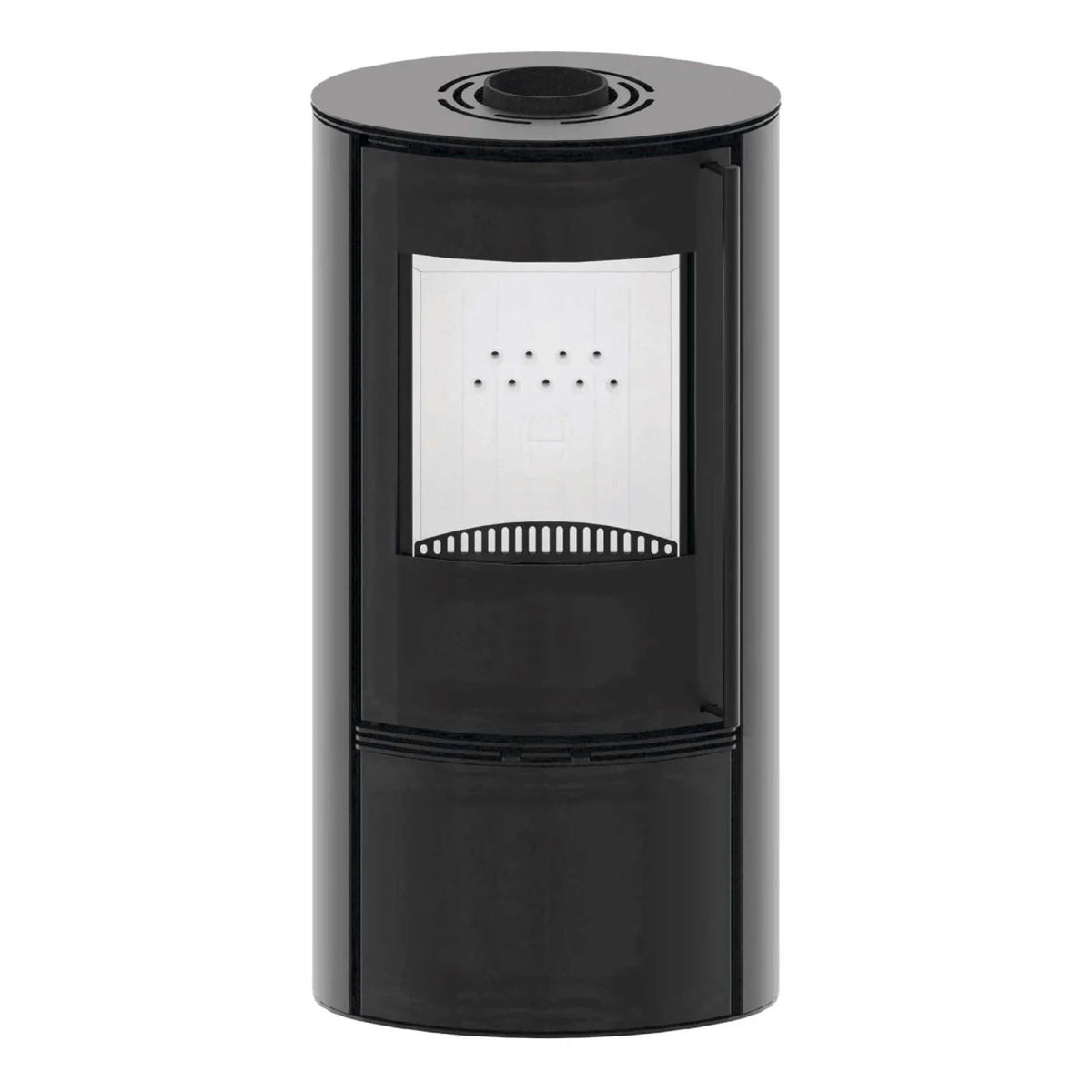 Kaminofen Hitze Bane 5 kW – Runder Kaminofen in Vorderansicht auf Weiß