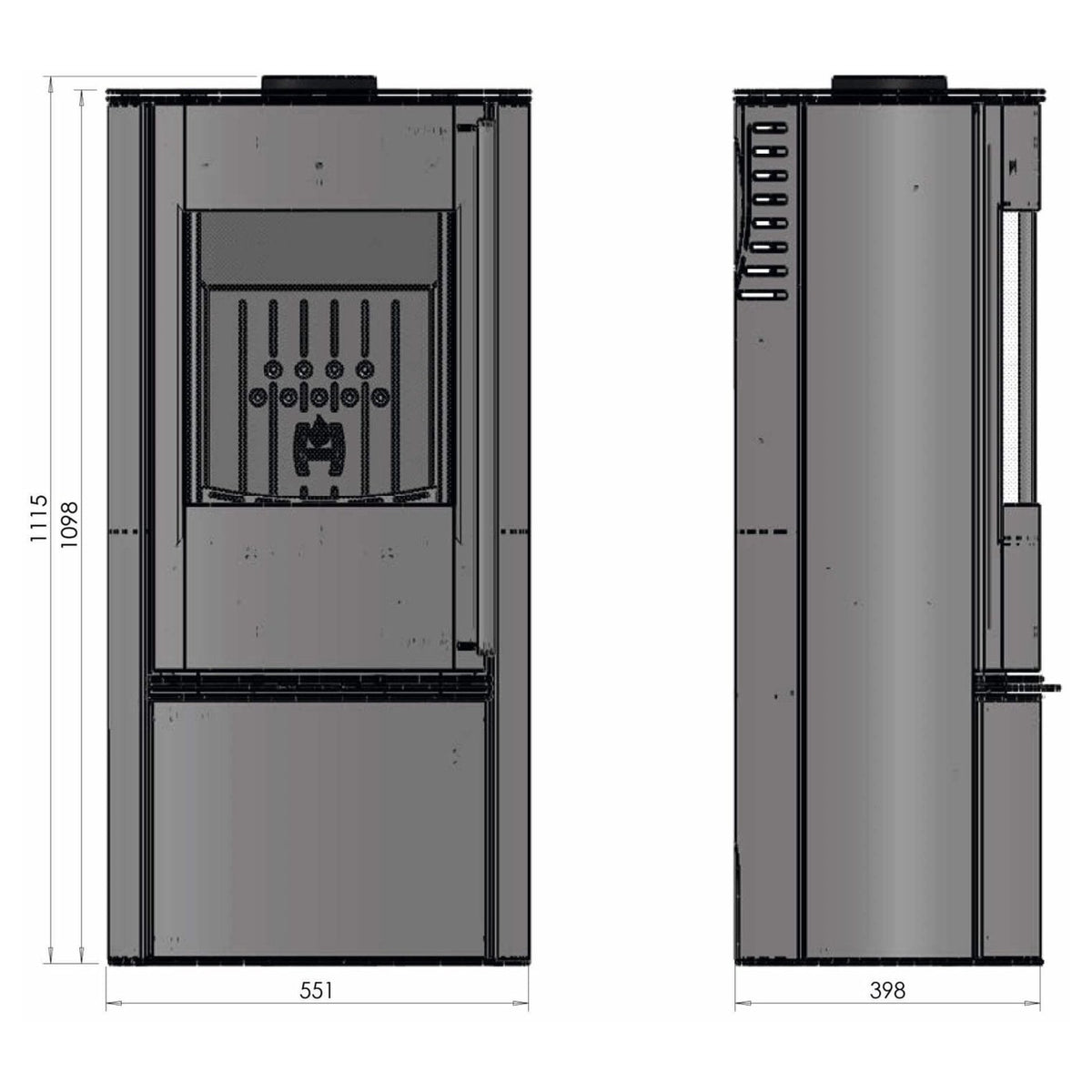Kaminofen Hitze Bane 5 kW – Vollständige bemaßte technische Ansichten
