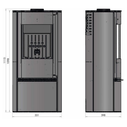Kaminofen Hitze Bane 5 kW – Vollständige bemaßte technische Ansichten