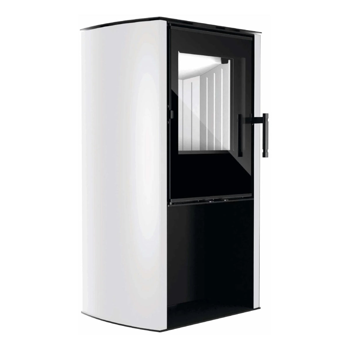 Kaminofen Hitze Cane S 6,5 kW – Kaminofen mit weißer Seitenverkleidung in schräger Vorderansicht auf Weiß