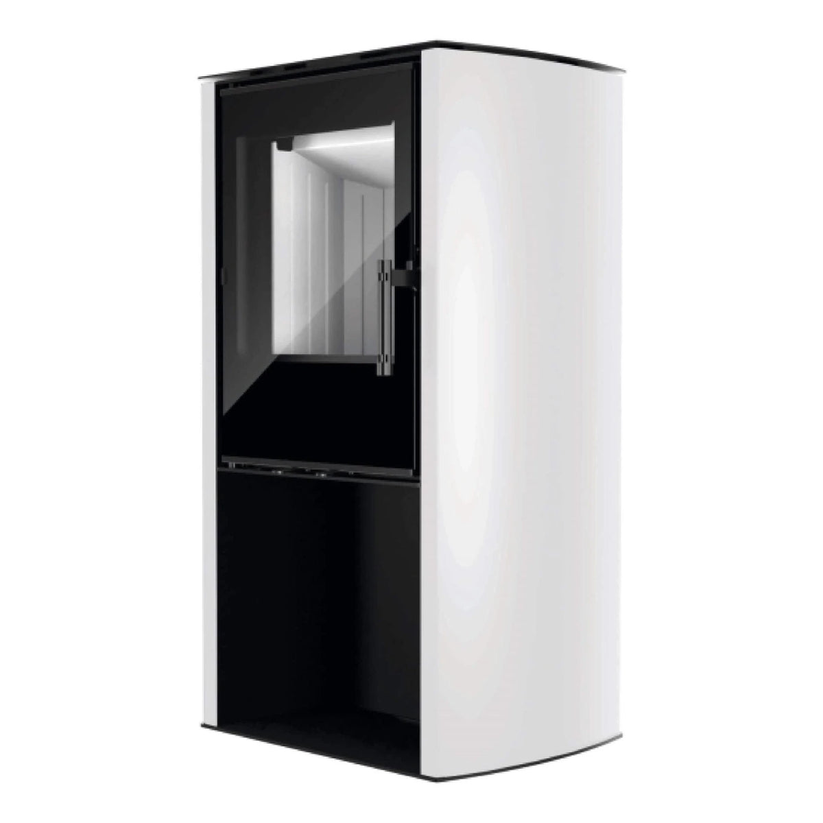 Kaminofen Hitze Cane S 6,5 kW – Kaminofen mit weißer Seitenverkleidung in schräger Vorderansicht auf Weiß