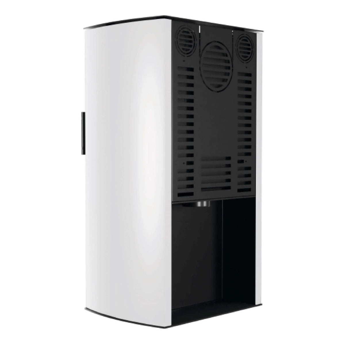 Kaminofen Hitze Cane S 6,5 kW – Kaminofen mit weißen Seiten in schräger Rückansicht auf Weiß