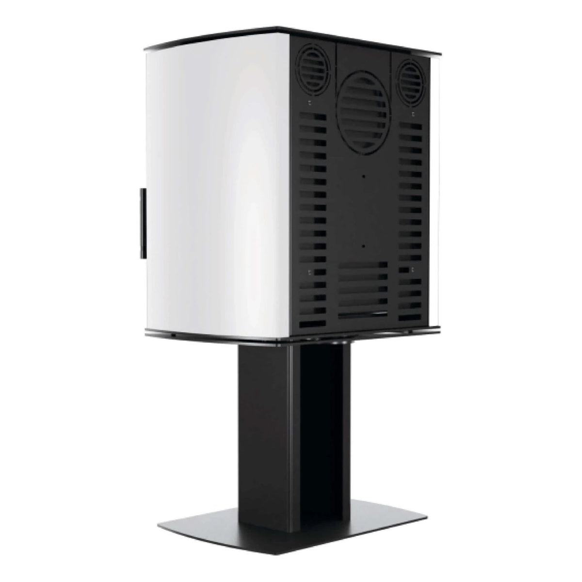 Kaminofen Hitze Cane SF 6,5 kW – Kaminofen mit weißen Seiten auf Standfuß in schräger Rückansicht