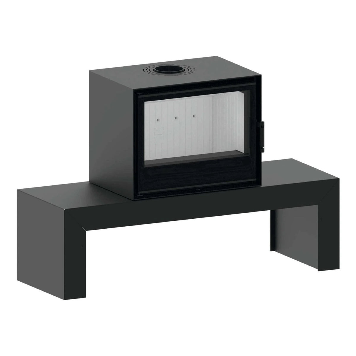 Kaminofen Hitze CF700 | 8,5 kW – Kaminofen auf einer langen Ofenbank auf Weiß