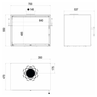 Kaminofen Hitze CF700 | 8,5 kW – Vollständige bemaßte technische Ansichten