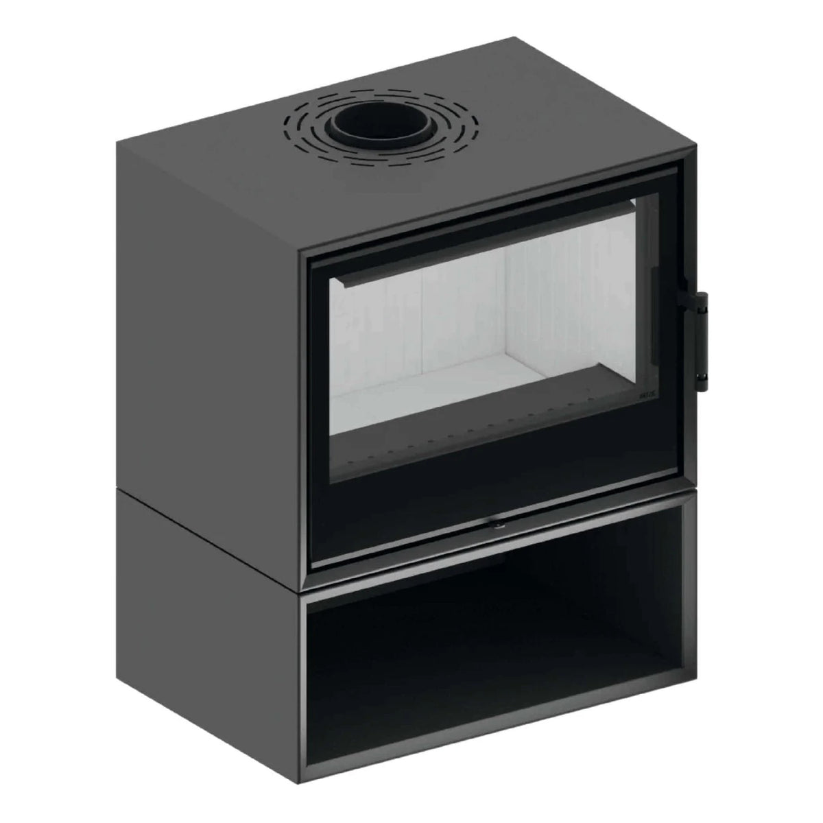 Kaminofen Hitze CF700V | 8,5 kW – Kaminofen auf einem Untergestell mit offenem Holzfach auf Weiß