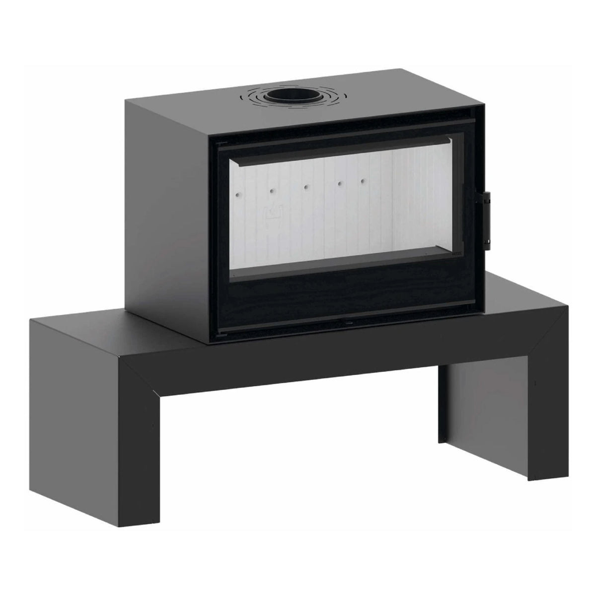 Kaminofen Hitze CF800 | 9,5 kW – Kaminofen auf einer langen Ofenbank auf Weiß