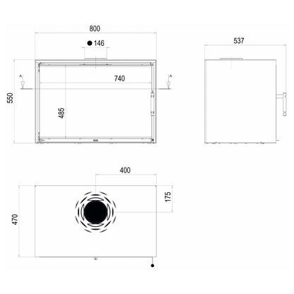 Kaminofen Hitze CF800 | 9,5 kW – Vollständige bemaßte technische Ansichten