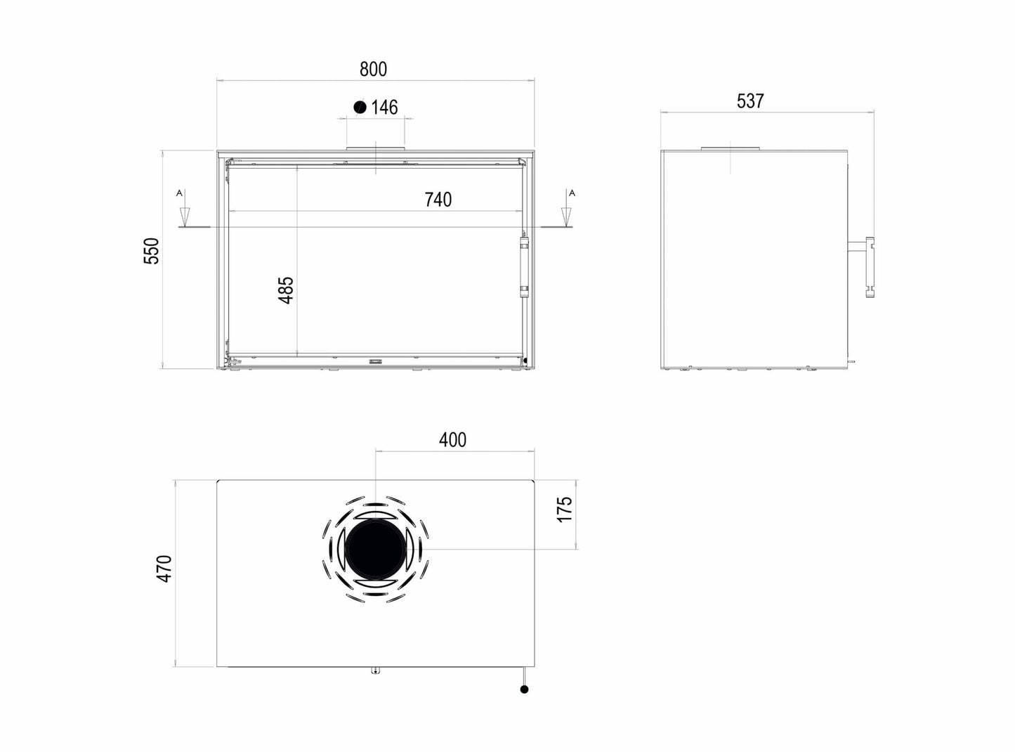 Kaminofen Hitze CF800 Technischen Maße