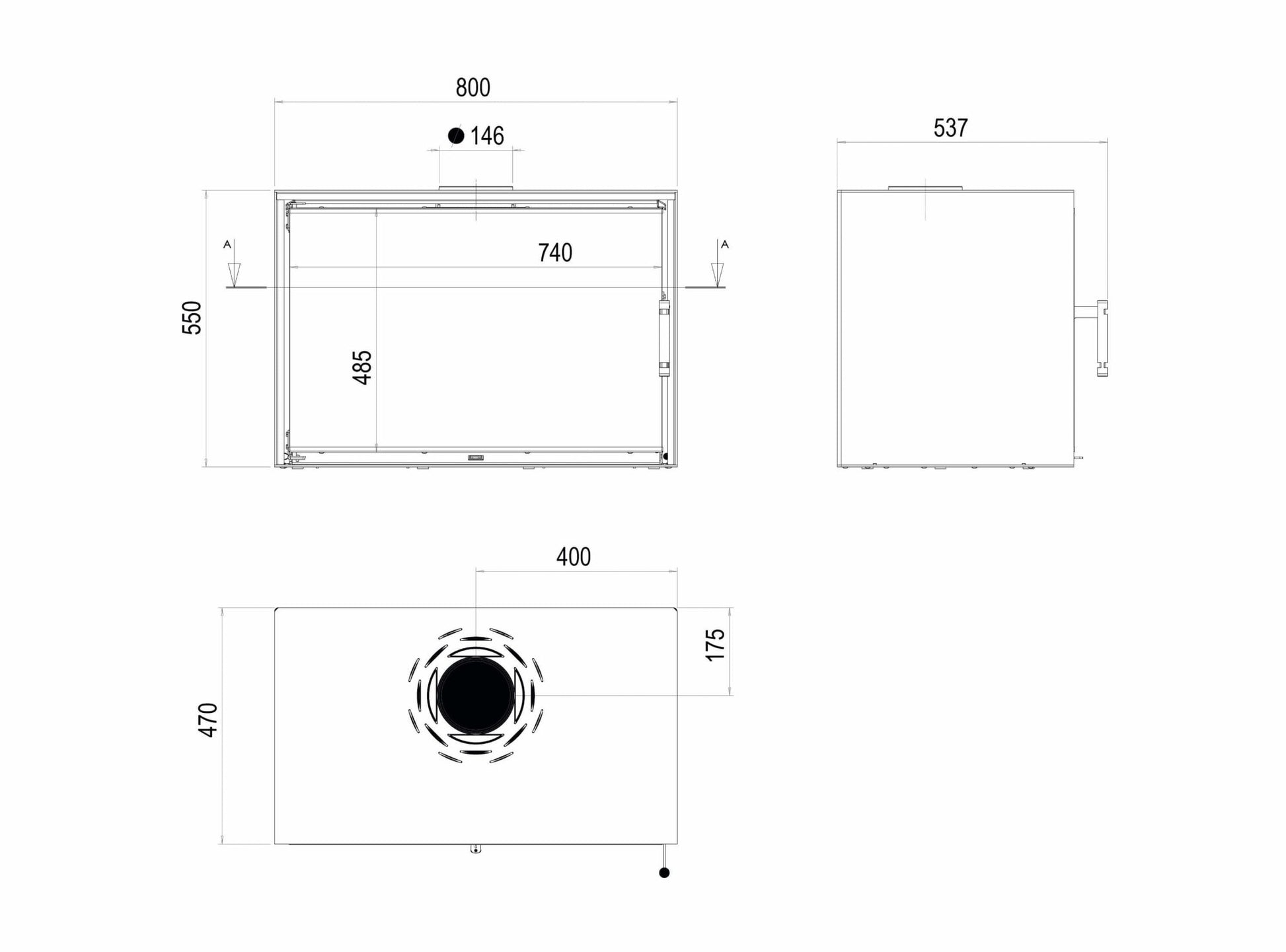 Kaminofen Hitze CF800 Technischen Maße