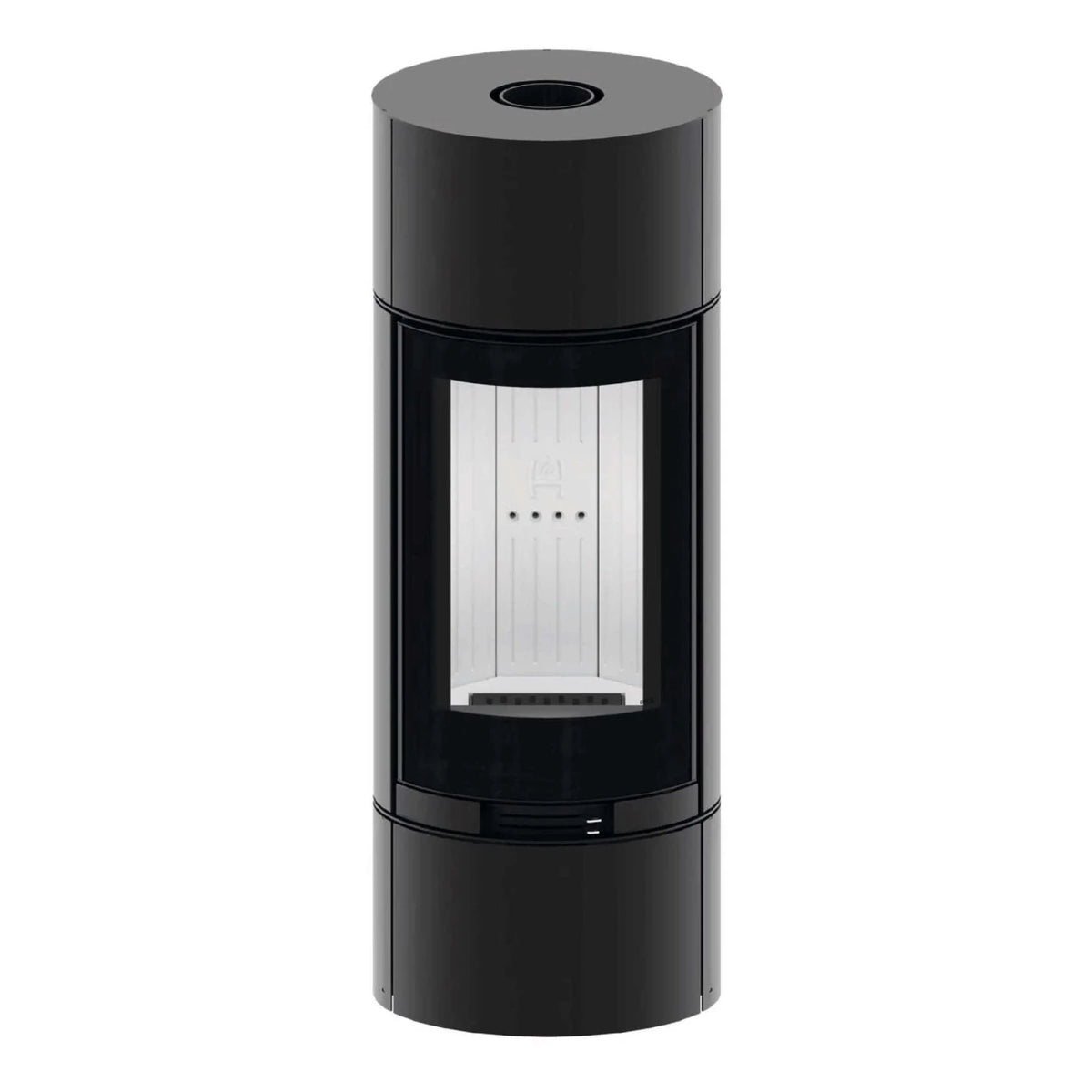 Kaminofen Hitze Charuto 8,5 kW – Hoher runder Kaminofen in schräger Vorderansicht auf Weiß