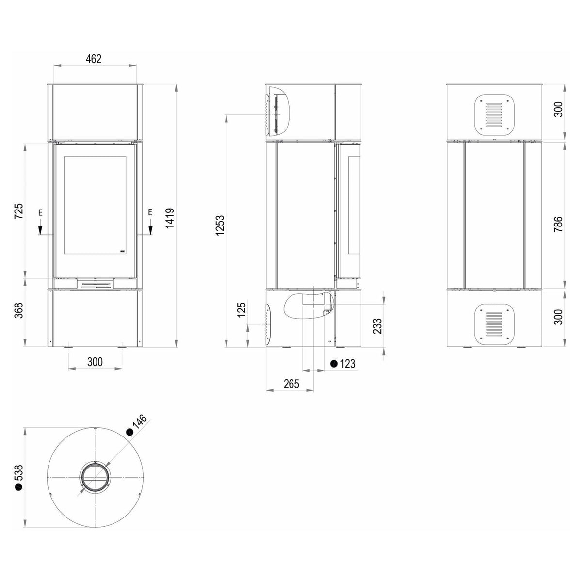Kaminofen Hitze Charuto 8,5 kW – Vollständige bemaßte technische Ansichten
