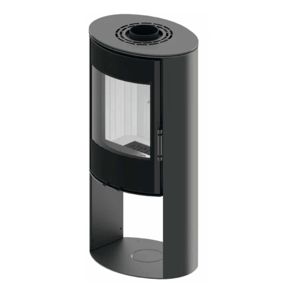 Kaminofen Hitze Ellisse SB 5,3 kW – Kaminofen in erhöhter schräger Vorderansicht auf Weiß