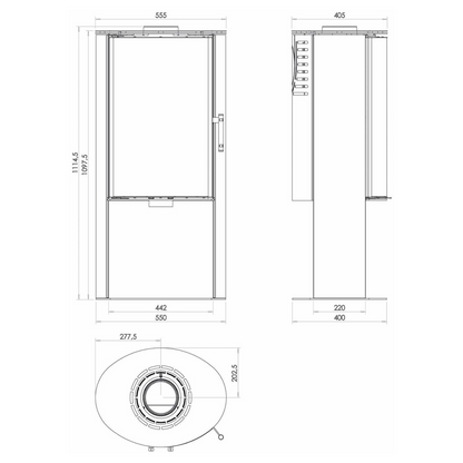Kaminofen Hitze Ellisse SB 5,3 kW – Vollständige bemaßte technische Ansichten