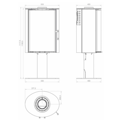 Kaminofen Hitze Ellisse SF 5,3 kW – Vollständige bemaßte technische Ansichten