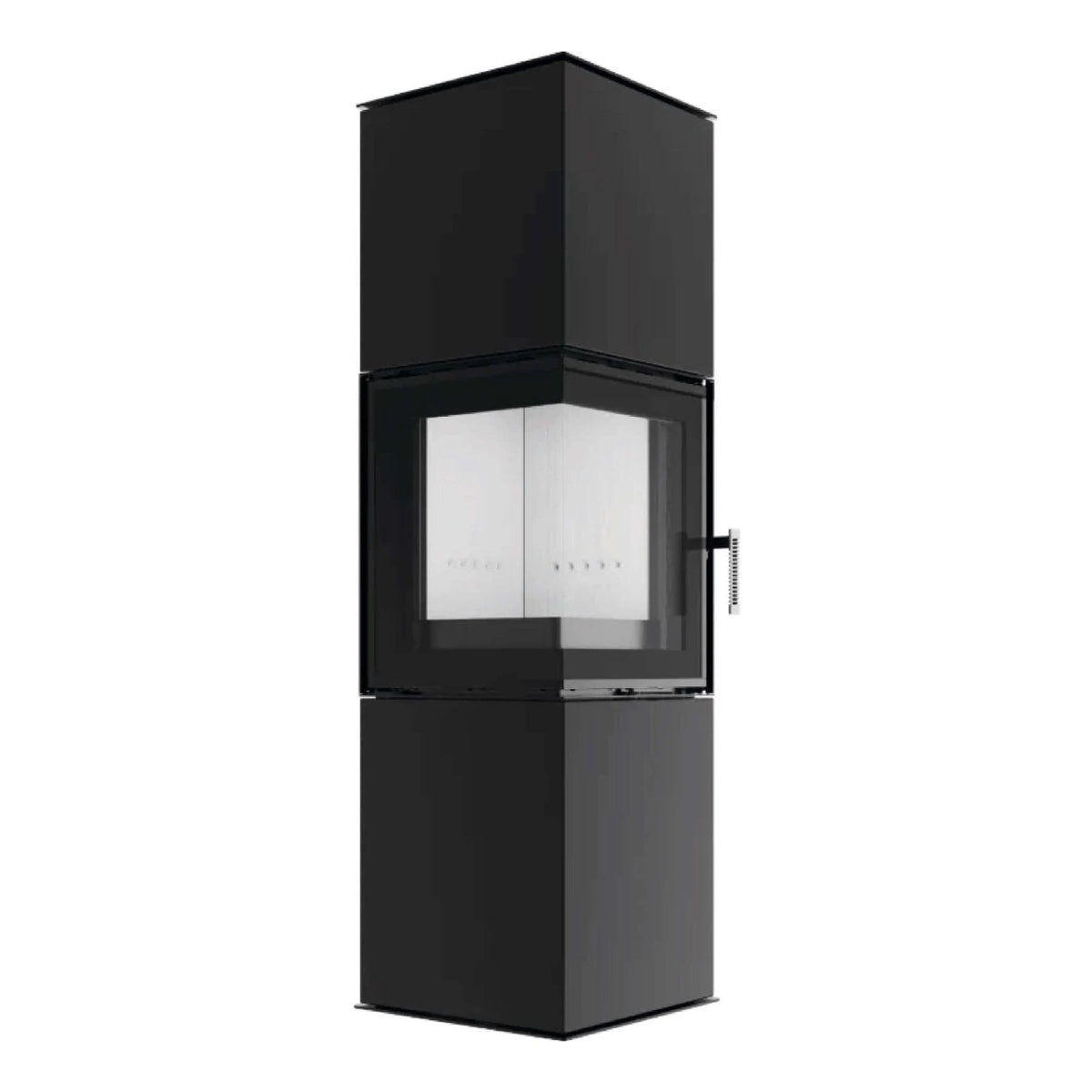 Kaminofen Hitze Gabi 6,5 kW – Hoher Kaminofen mit Eckscheibe in schräger Vorderansicht auf Weiß