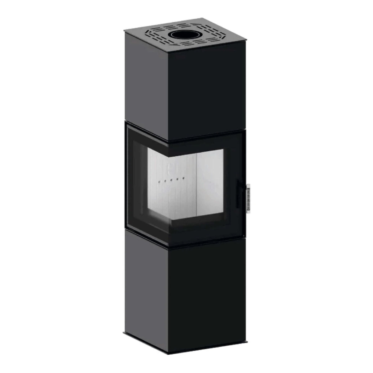 Kaminofen Hitze Gabi 6,5 kW – Hoher Kaminofen mit Eckscheibe in schräger Vorderansicht auf Weiß