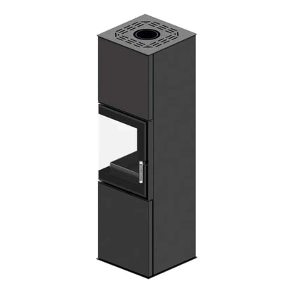 Kaminofen Hitze Gabi 6,5 kW – Hoher Kaminofen mit Eckscheibe in seitlicher Rückansicht auf Weiß