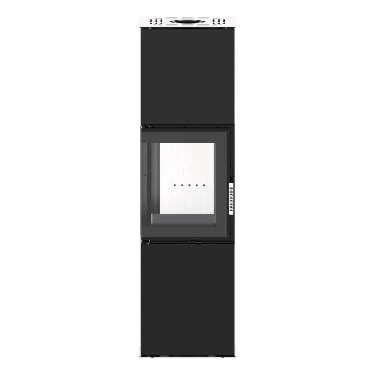 Kaminofen Hitze Gabi 6,5 kW – Hoher Kaminofen mit Eckscheibe in gerader Seitenansicht auf Weiß