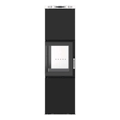 Kaminofen Hitze Gabi 6,5 kW – Hoher Kaminofen mit Eckscheibe in gerader Seitenansicht auf Weiß