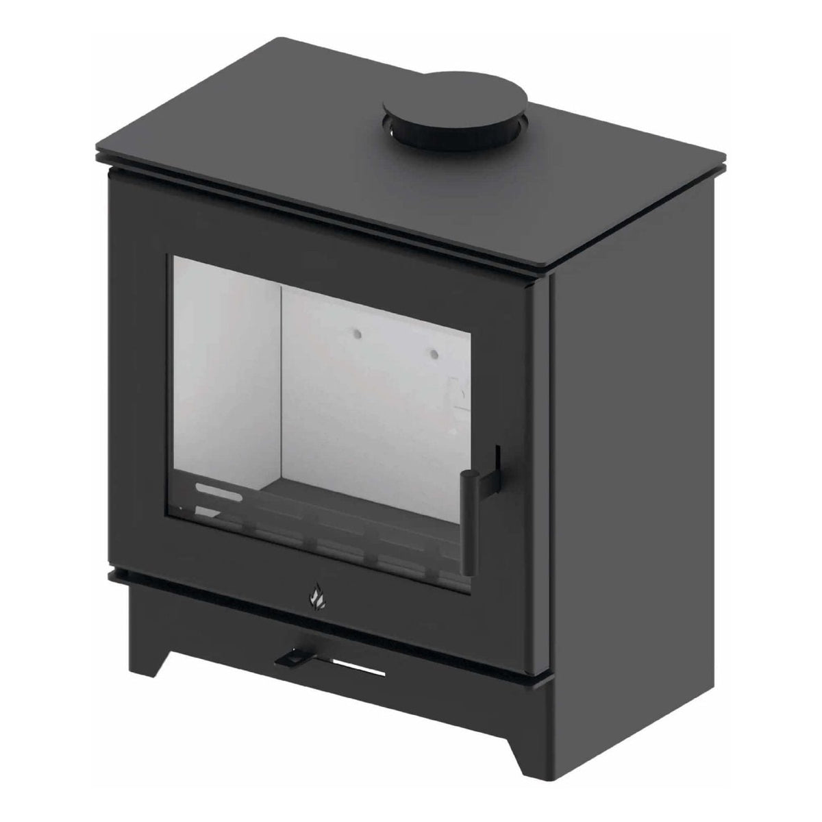 Kaminofen Hitze Gatto ME 5,3 kW – Kaminofen in erhöhter schräger Vorderansicht auf Weiß