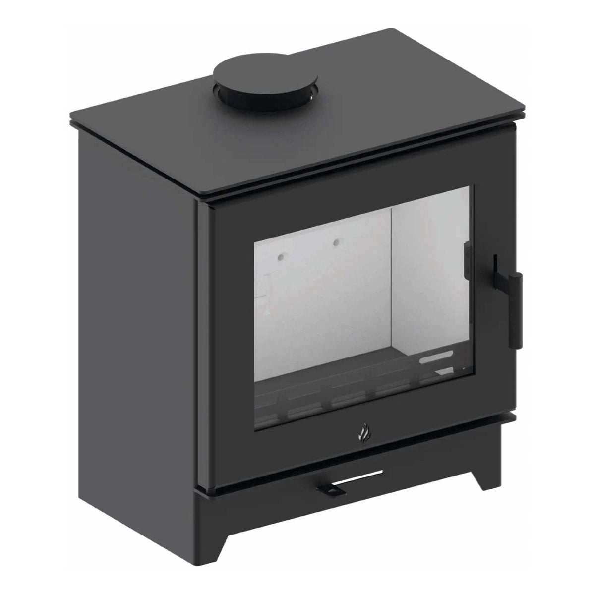 Kaminofen Hitze Gatto ME 5,3 kW – Kaminofen in erhöhter schräger Vorderansicht auf Weiß