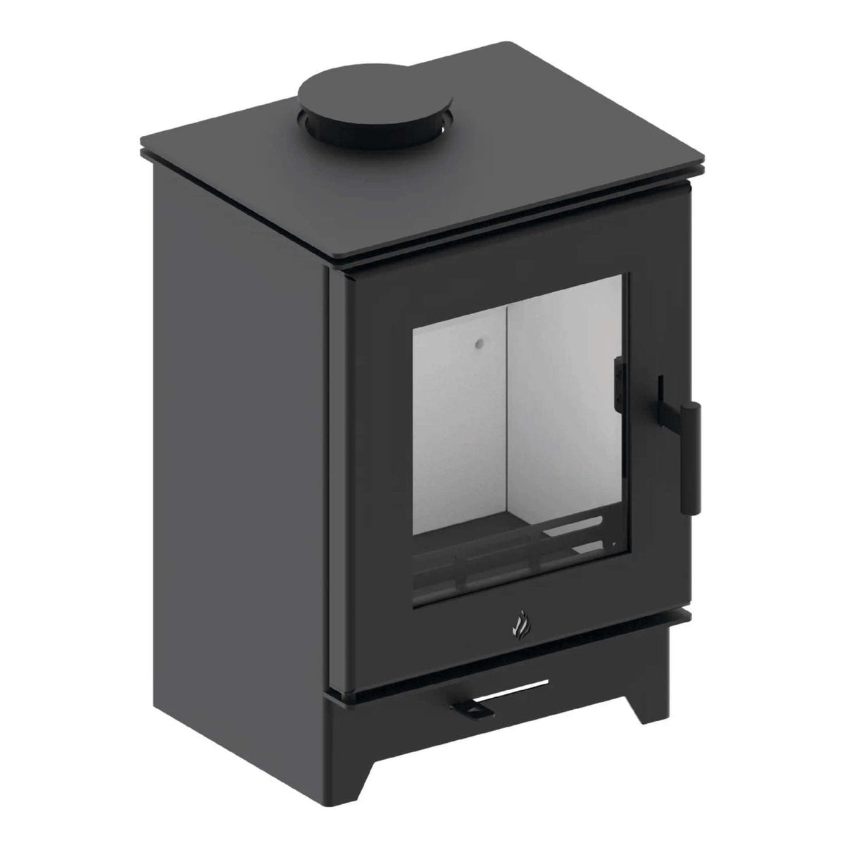 Kaminofen Hitze Gatto SE 5,3 kW – Kaminofen in erhöhter schräger Vorderansicht auf Weiß