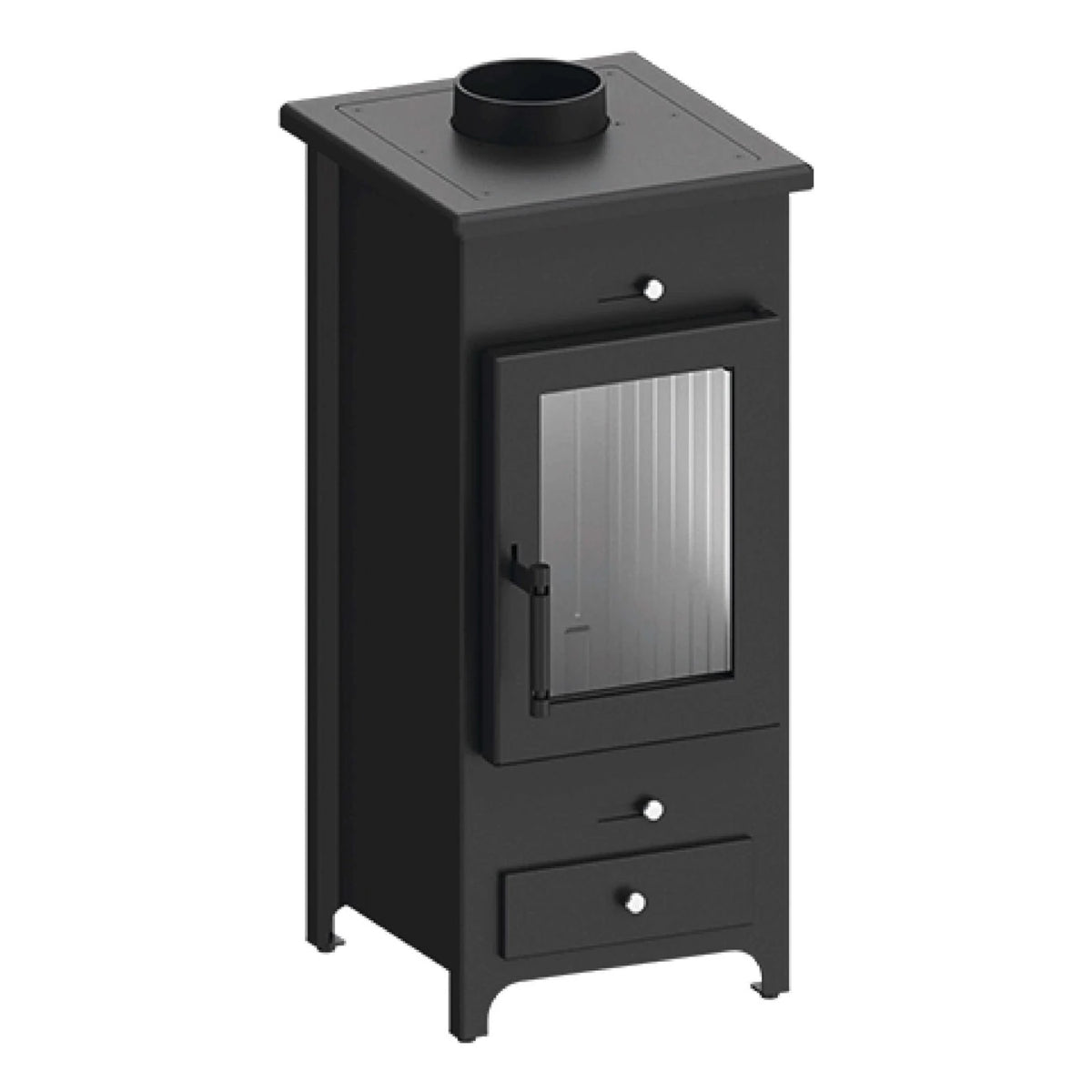 Kaminofen Hitze Legno 5,5 kW – Kaminofen mit Füßen und unterer Schublade in schräger Vorderansicht