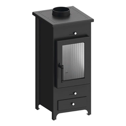 Kaminofen Hitze Legno 5,5 kW – Kaminofen mit Füßen und unterer Schublade in schräger Vorderansicht