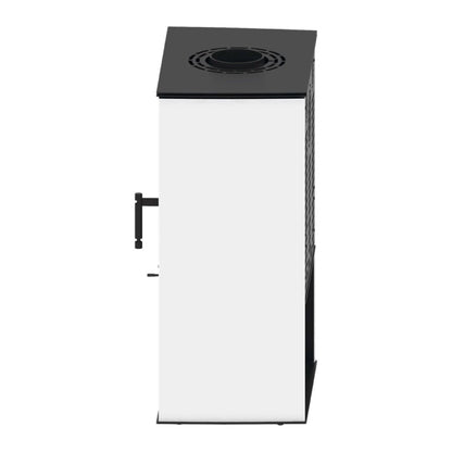 Kaminofen Hitze Lupo M 8,7 kW – Seitenansicht mit weißer Verkleidung