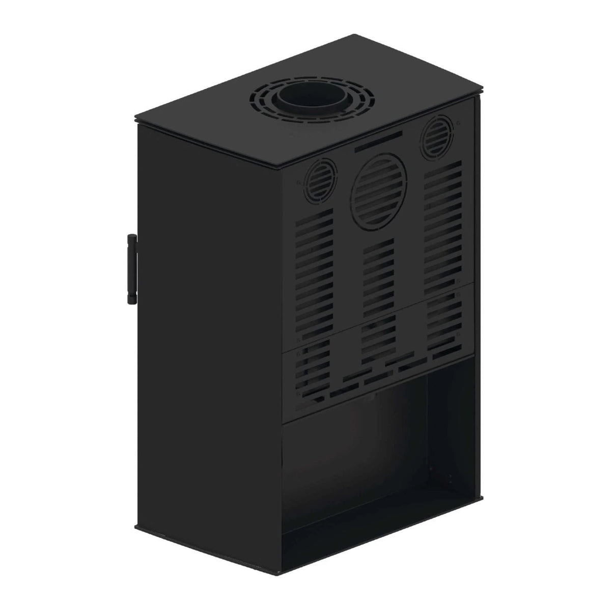 Kaminofen Hitze Lupo M 8,7 kW – schräge Rückansicht mit seitlicher Verkleidung