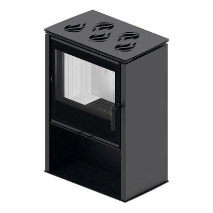 Kaminofen Hitze Lupo M-CP mit Herdplatte 8,7 kW – Kaminofen mit geschlossener Herdplattenabdeckung in schräger Vorderansicht
