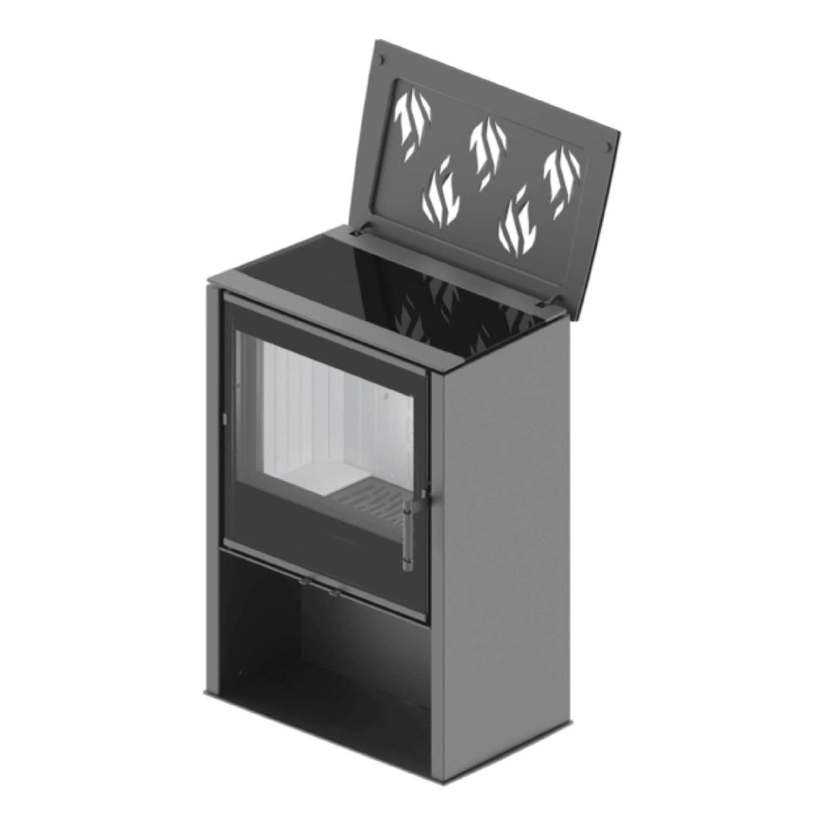Kaminofen Hitze Lupo M-CP mit Herdplatte 8,7 kW – Kaminofen mit aufgeklappter Herdplattenabdeckung in schräger Vorderansicht