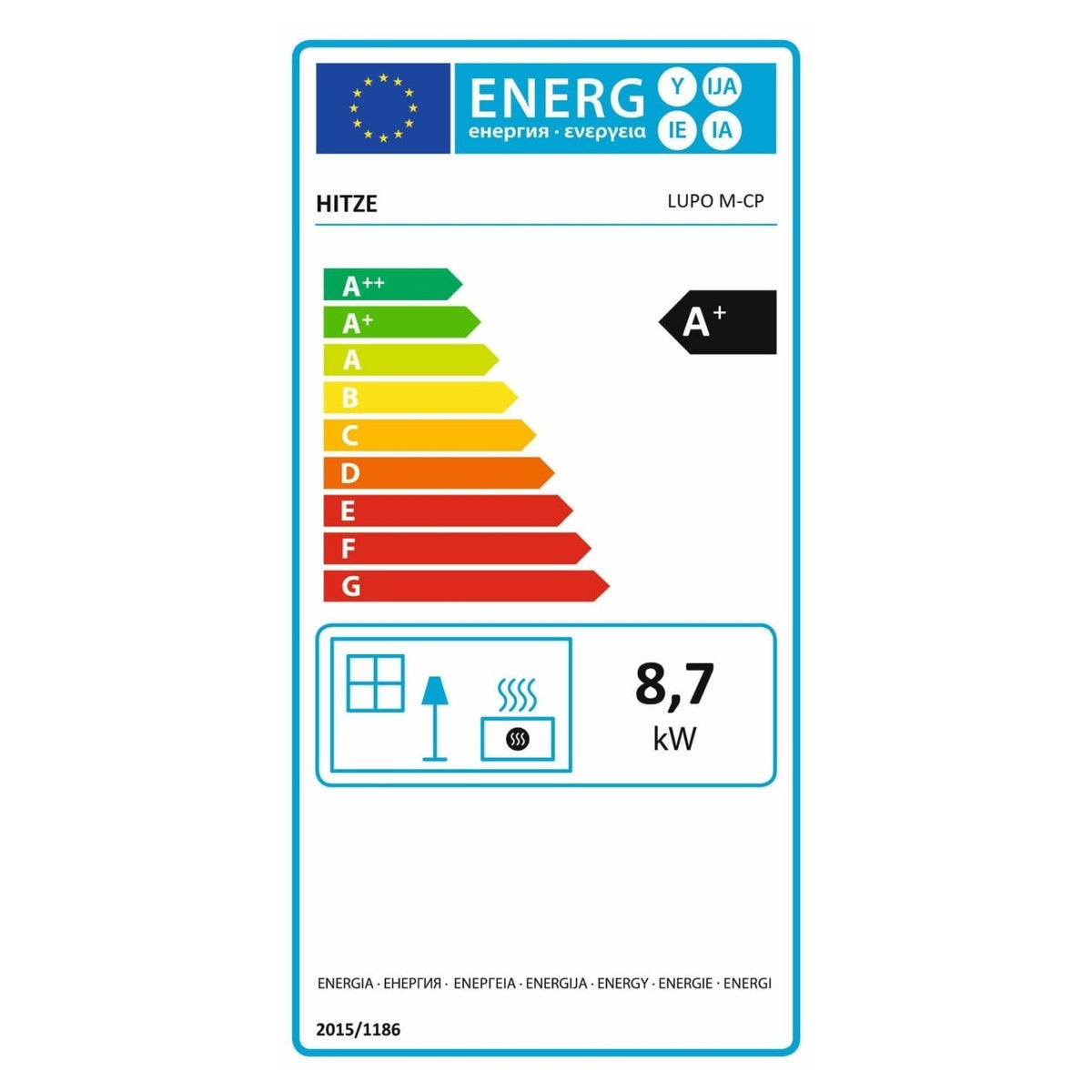 Kaminofen Hitze Lupo M-CP mit Herdplatte 8,7 kW – Vollständiges EU-Energielabel