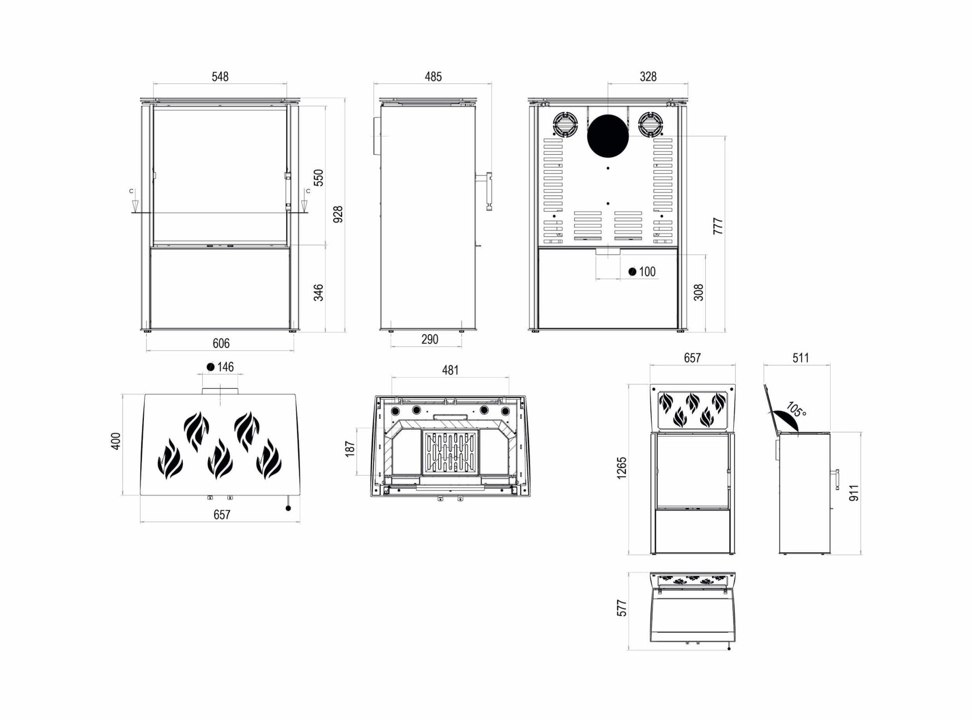 Kaminofen Hitze Lupo M-CP mit Herdplatte Technischen Maße