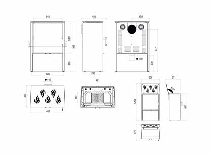 Kaminofen Hitze Lupo M-CP mit Herdplatte Technischen Maße